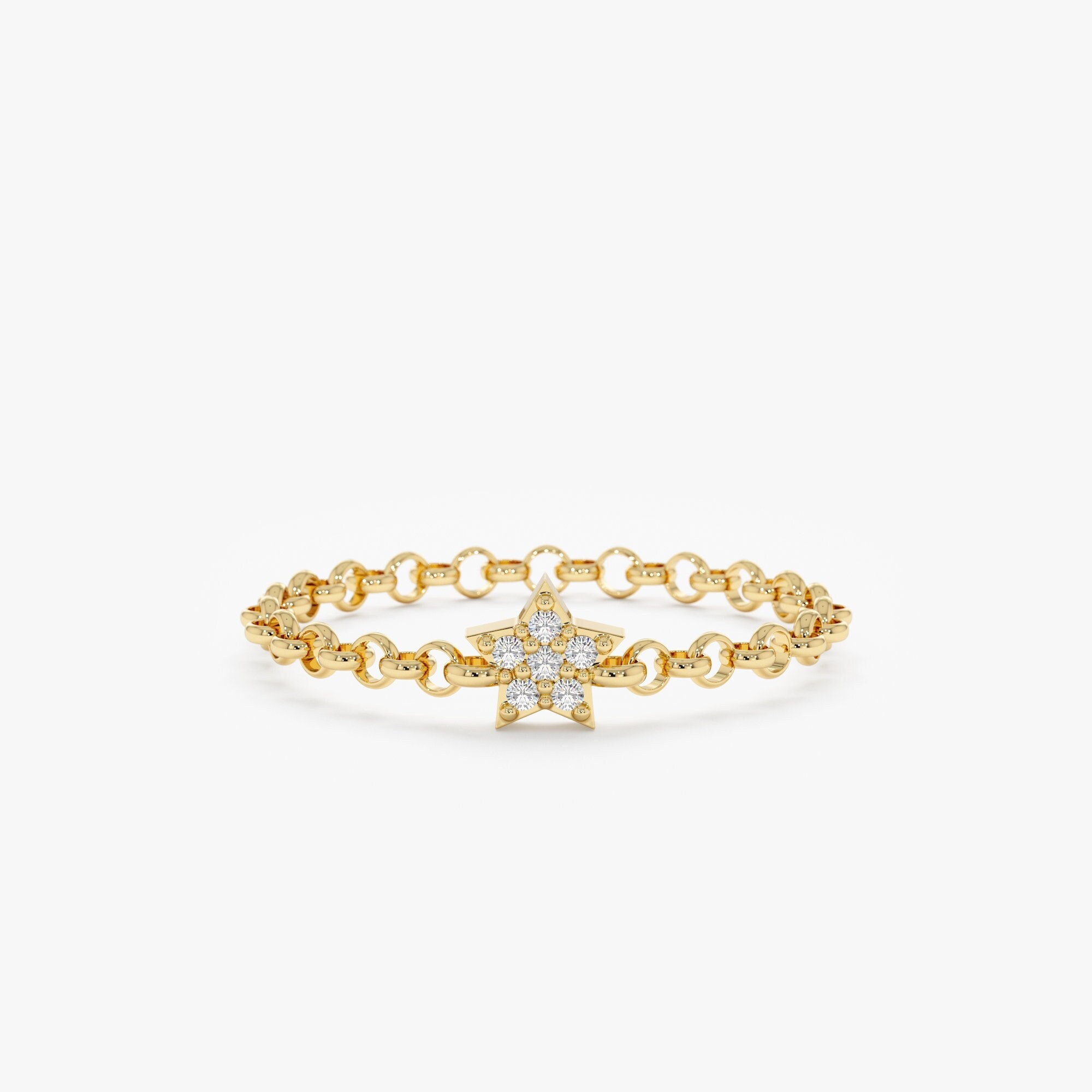 14k Gold Diamond Chain Ring, Mini Diamond Star, Small Diamond Ring, Dainty Ring, Signet Ring Women, Rose, Yellow, White, Pinky RIng, Luz