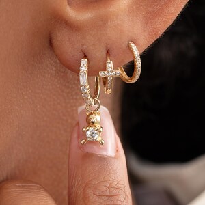 14k Gold Earring Charms, Huggies Charms, Solid Gold, Natural Stones, Initial, Evil Eye, Cross, Star, Bolt, Flower, Bar, SOLD AS SINGLE, Elsa image 10