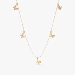 14k Diamond Butterfly Necklace, Small Dangly Butterfly Charms, Dainty Solid Gold Layering Necklace, 14k Yellow, Rose, White Gold, Phoebe