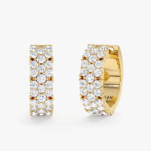 Pave Lab Grown Diamond Huggie Hoop Earrings, Solid Gold Multi-Row Diamond Hoops, Wide Diamond Huggie Hoop, Luxurious Wedding Gift, Meira
