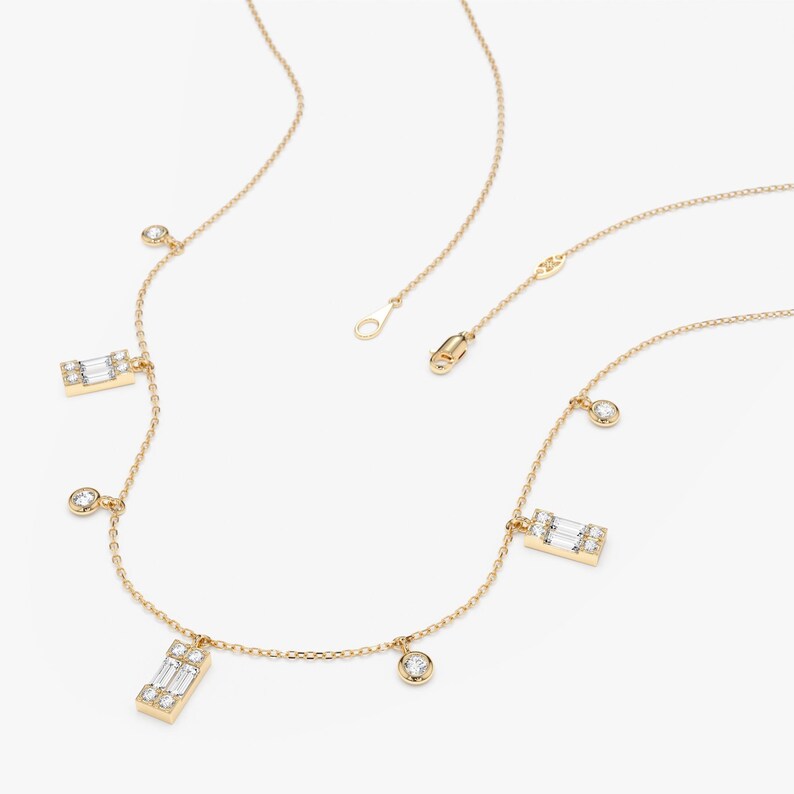 Baguette and Round Diamond Dangle Necklace, Solid Gold Layering Chain, Alternating Station Necklace, Bridal Jewelry, Jewelry Gift, Ezri bild 8