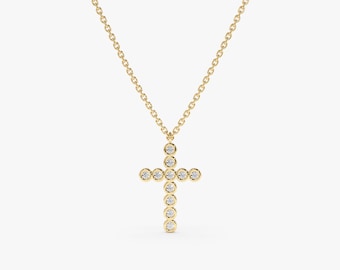 14k Diamond Cross Pendant Necklace, Sparkly Bezel Diamond Cross, Religious Jewelry, Dainty Cross, Gift For Baptism, 18k Fine Jewelry, Kiara