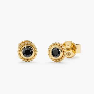 14k Solid Gold Black Onyx Earrings, Gold Beaded Design, 14K White, Yellow, Rose Gold, Solitaire Earrings, Simple Stud Earrings, Winnie