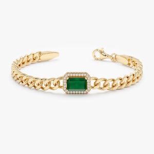 14k Real Gold Emerald Bracelet, Natural Emerald Bracelet, 14k Emerald Bracelet, Cuban Chain Bracelet, Chunky Diamond Chain Bracelet, Juliet