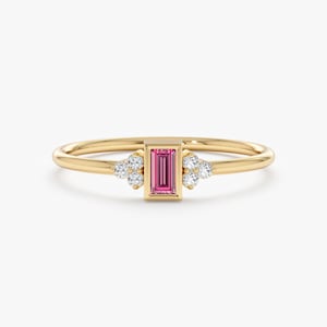 14k Solid Gold Pink Sapphire Ring, Engagement Ring Set, Dainty Diamond Ring, Minimalist Engagement Ring, Baguette and Round Diamonds, Barbie