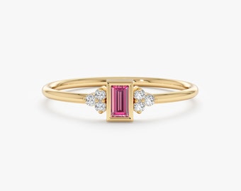 14k Solid Gold Pink Sapphire Ring, Engagement Ring Set, Dainty Diamond Ring, Minimalist Engagement Ring, Baguette and Round Diamonds,Caresha