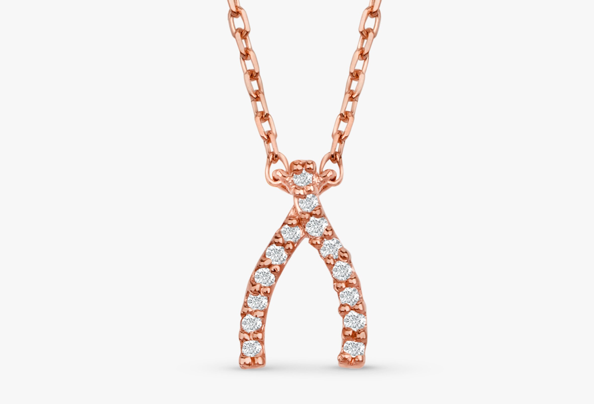 14k Gold Wishbone Necklace Small Diamond Necklace Dainty Etsy