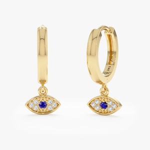 14K Evil Eye Huggies, Evil Eye Charm Hoop, Dangly Earrings, Solid Gold Hoop, Protection Jewelry, Natural Blue Sapphire Diamond Huggy, Malani