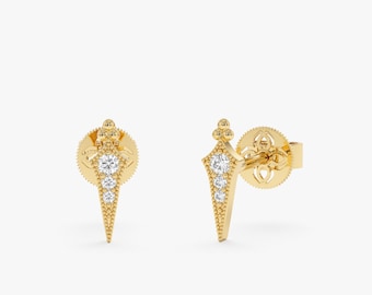 14k Gold Diamond Spike Stud Earrings, Solid Yellow, Rose, White Gold, Minimalist Dainty,