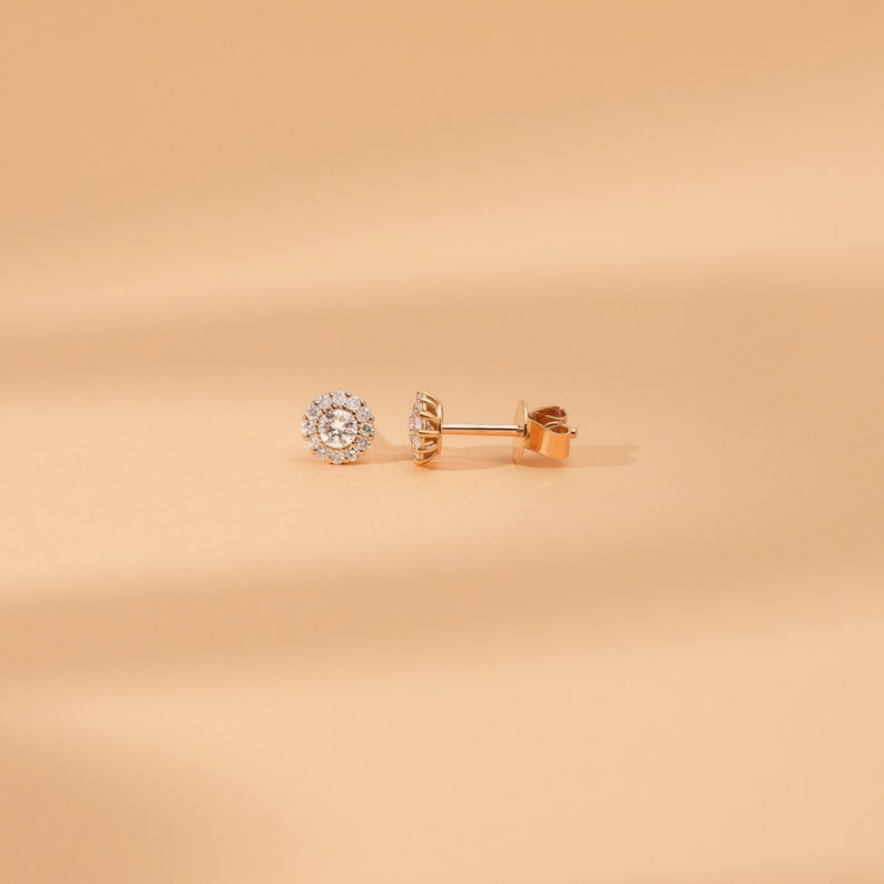Side view of Solid 14k Gold Halo Diamond earring Studs