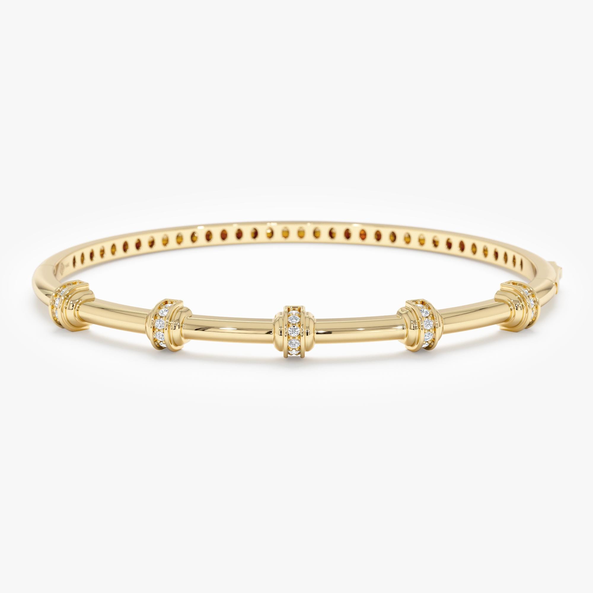 Solid Gold Lab Diamond Accent Bangle, Station Diamond Ball Bangle, Minimalist Design, Wedding Jewelry, Elegant Classic Style Bangle, Taissa