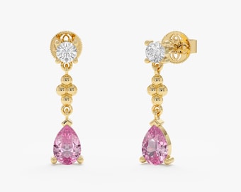 Pink and White Sapphire Pear Drop Earrings, Solid Gold Fine Jewelry, Shogher