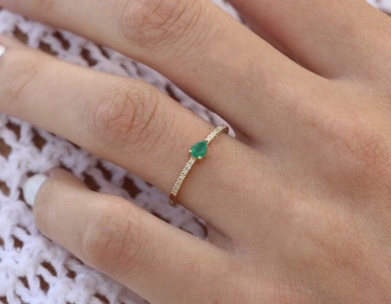 Dainty 14k Gold Emerald Ring Jewellery Rings Solitaire Rings Unique Emerald Gold Ring Natural Emerald Diamond Genuine Stacking Emerald Ring Delicate Green Emerald Ring 