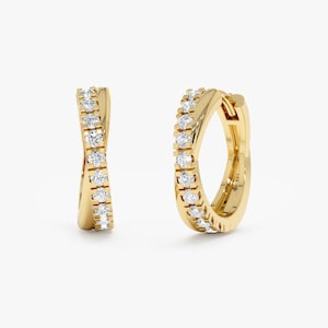 14k Gold Diamond Huggie, Criss Cross Pave Diamond Earring, Small X Shape Huggie, Dainty Handmade Fine Hoops, 18k Yellow White Rose, Kelilah