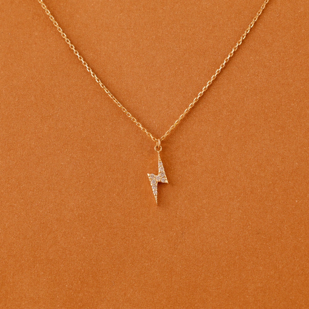 Solid Gold Diamond Lightning Bolt Necklace, 14k Diamond Necklace, Celestial Necklace, Gift for