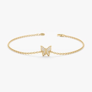 14k Gold Diamond Butterfly Bracelet, Solid Gold Butterfly Charm Bracelet, Diamond Butterfly Bracelet, Dainty Gold Diamond Bracelet, Monica