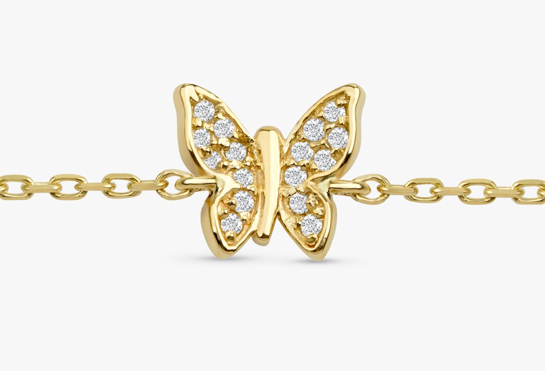 14k Gold Diamond Butterfly Bracelet Solid Gold Butterfly Etsy