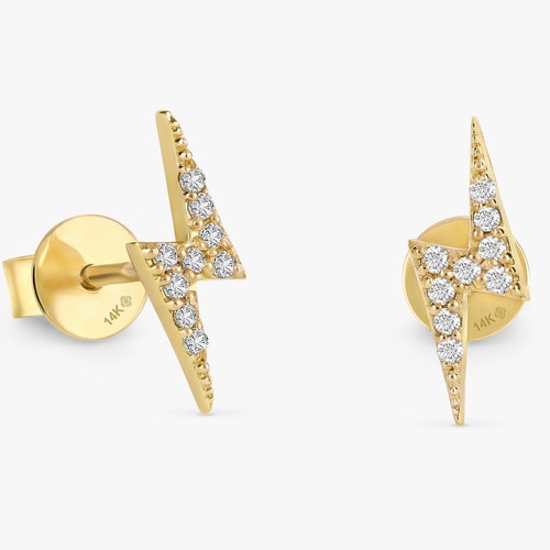 14k Gold Diamond Lightning Bolt Earring Lightning Bolt Stud Etsy