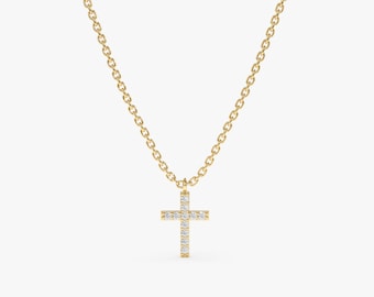 Small Diamond Cross Necklace, 14k Solid Gold Mini Cross Necklace, Minimalist Cross Necklace, 14k White, Rose, Yellow Gold, Cross Charm, Mary