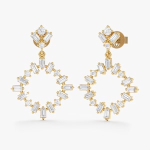 Baguette-Diamond Drop Earrings, Natural White Diamonds, 14k 18k Solid Gold, Fancy Dangle Earrings, Evening Earrings, Elegant Design, Casey