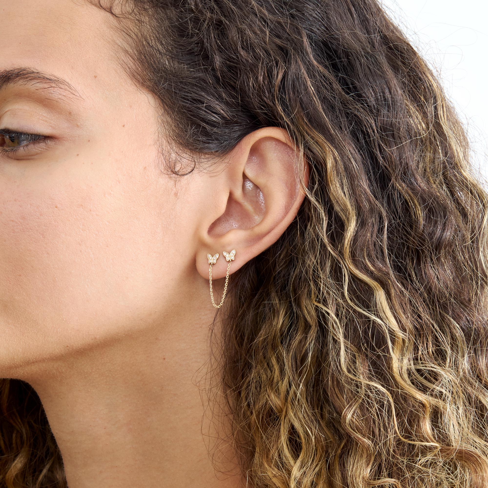 14k Solid Gold Diamond Butterfly Earrings, Chain Earrings