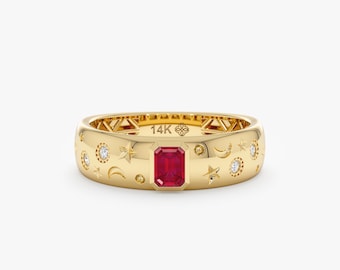 Celestial Ruby Ring, Gold Stacking Ring, Unique Birthstone Jewelry, Arzu