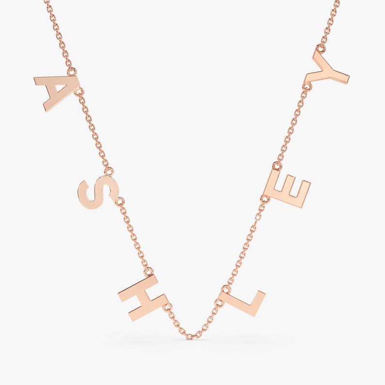 solid rose gold name charm station necklace