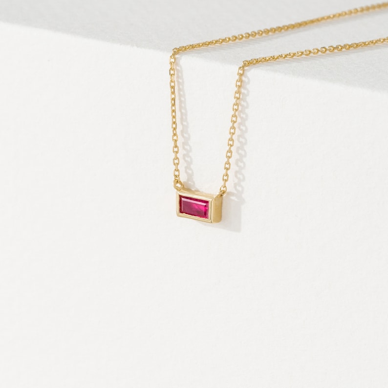 14k Gold Ruby Necklace, Ruby Necklace, Baguette Necklace, Solid Gold ...
