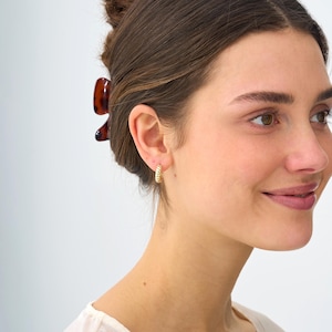 May include: Gold-colored hoop earrings with a twisted rope design. The earrings are small and worn on the ear. The image shows a person wearing the earrings, with a brown hair clip in their hair.