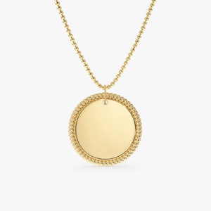 Solid Gold Unique Pendant Necklace, Twisted Edge Charm with Ball Chain, Engravable, Personalized 14k Gold Necklace, Gold Medallion Necklace