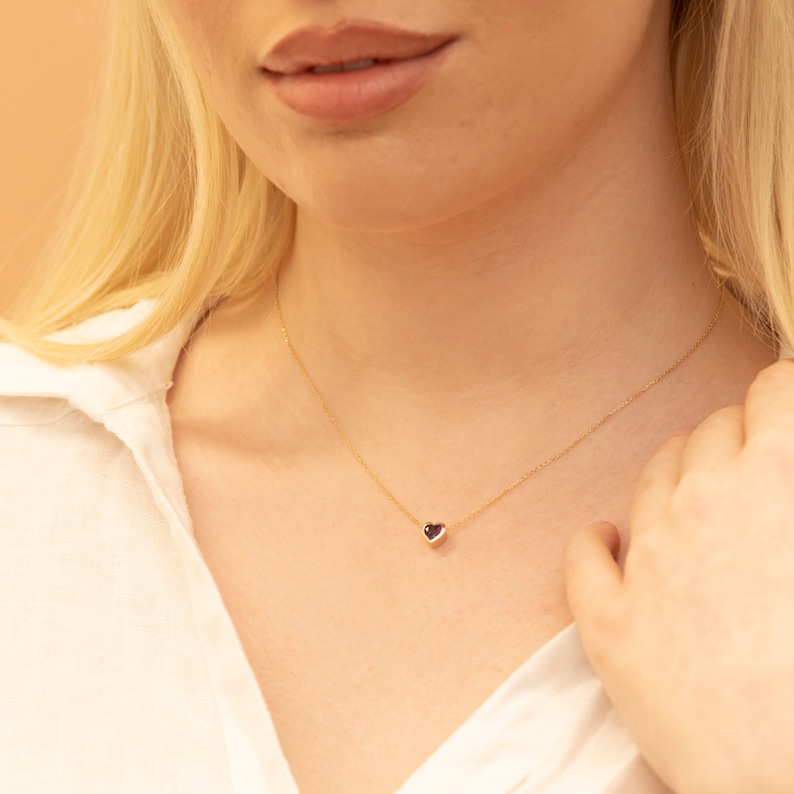 Amethyst Baguette Heart Necklace in 14K Yellow Gold