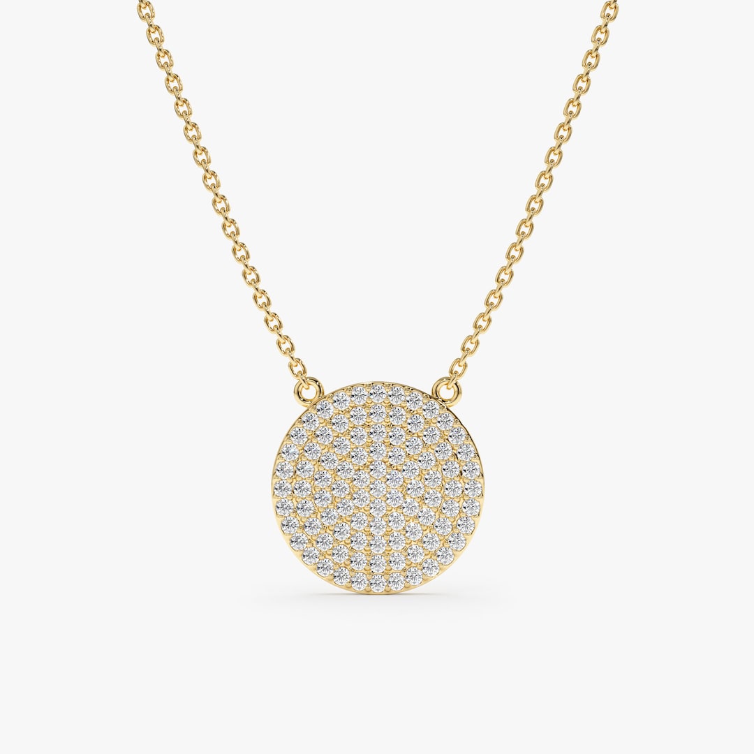 14k Solid Gold Diamond Disc Necklace, Bridal Gold and Diamond Necklace ...