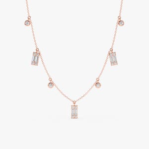 Baguette and Round Diamond Dangle Necklace, Solid Gold Layering Chain, Alternating Station Necklace, Bridal Jewelry, Jewelry Gift, Ezri bild 4