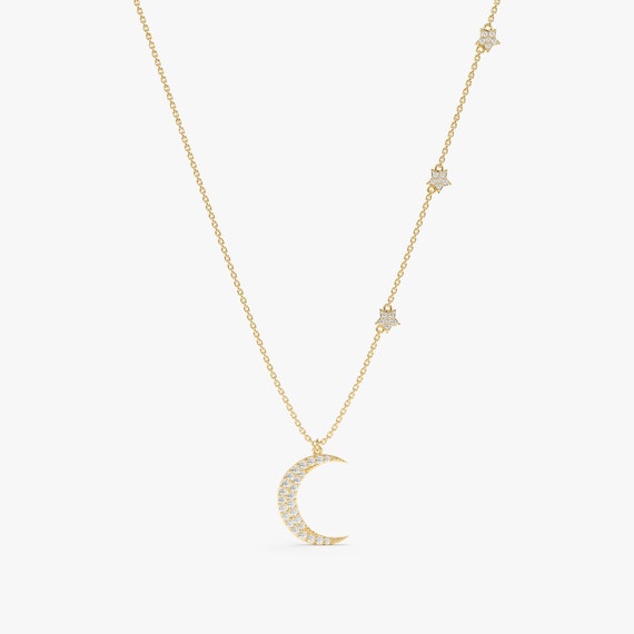 14K Gold Crescent Moon & Star Necklace - Yellow Rose or White Gold 14K Gold Crescent Moon & Star Necklace - Yellow Rose or White Gold