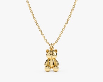 Solid Gold Teddy Bear Necklace, Cute Bear Pendant Necklace, Solid
