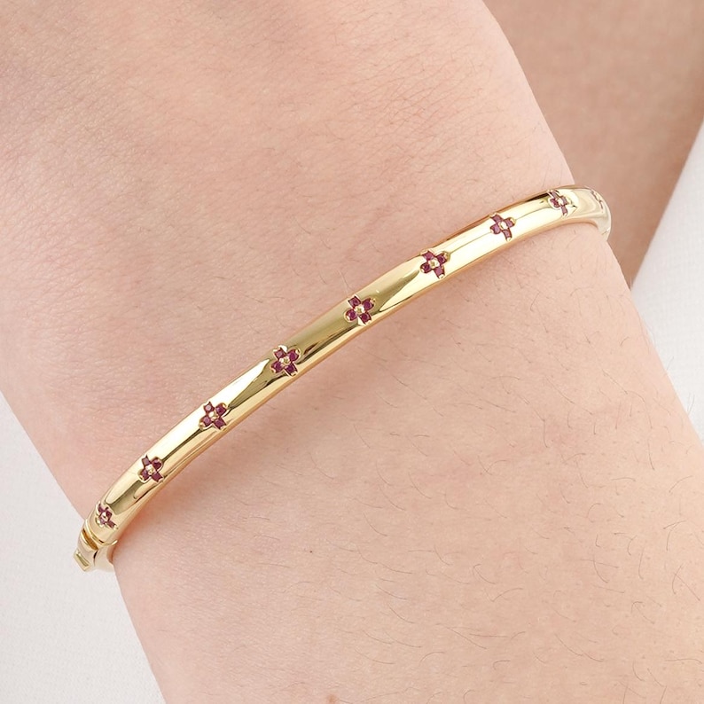 Solid Gold Bangle with Petite Ruby Flowers, Nature-Inspired Fine Jewelry, Raya image 2