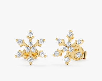 14k Diamond Snowflake Earrings, Petite Studs, Small Diamond Earrings, Bridal Jewelry, Cute Prong Setting, Small Unique Birthday Gift, Chaya