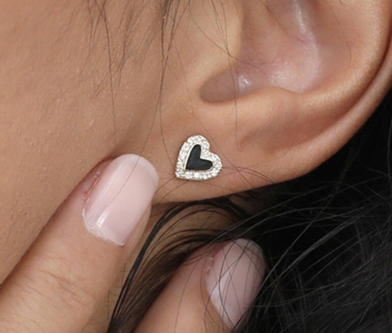Diamond Heart Earrings, Black Enamel, Dainty Diamond Earrings, 14k Solid Rose, White or Yellow Gold, Diamond Earrings, Sarah Elise image 3