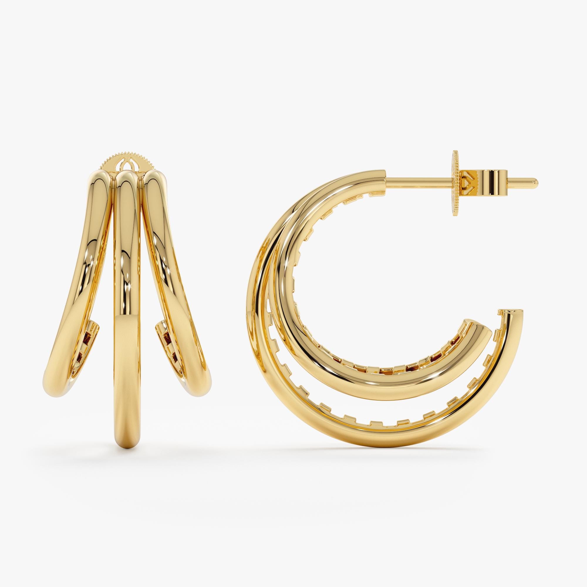 ■VINTAGE HOLLYWOOD■ Triple Mix Ring Earrings VH249OEA009M 14k Triple Hoop Earrings, Plain Solid Gold Multi Hoop Stud
