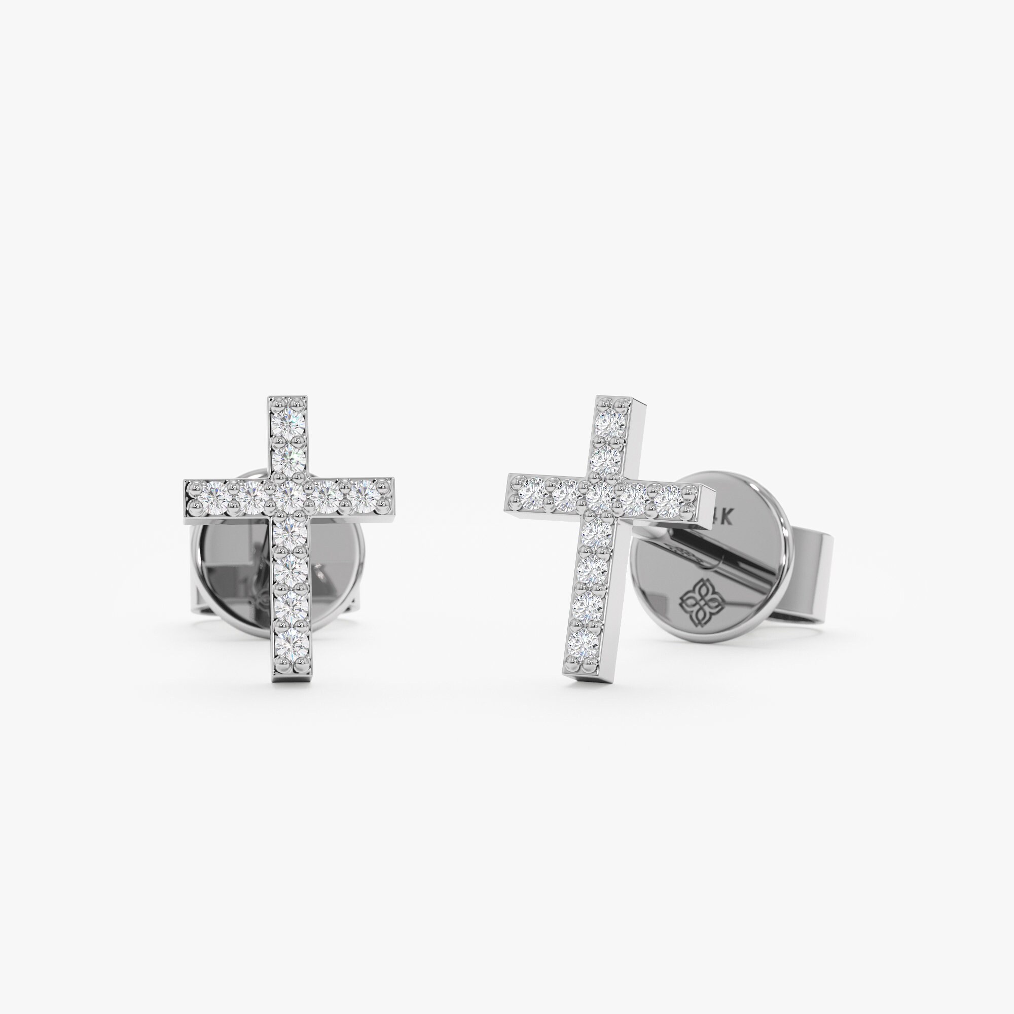 14k Gold Small Diamond Cross Earrings, Small Diamond Cross