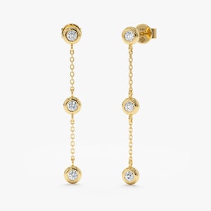 Diamond 3 Station Drop Earrings, Long Dangly Diamond Earrings, Bezel Set Diamonds, Dainty Sparkly Chain, Natural Diamond, Solid gold, Sue