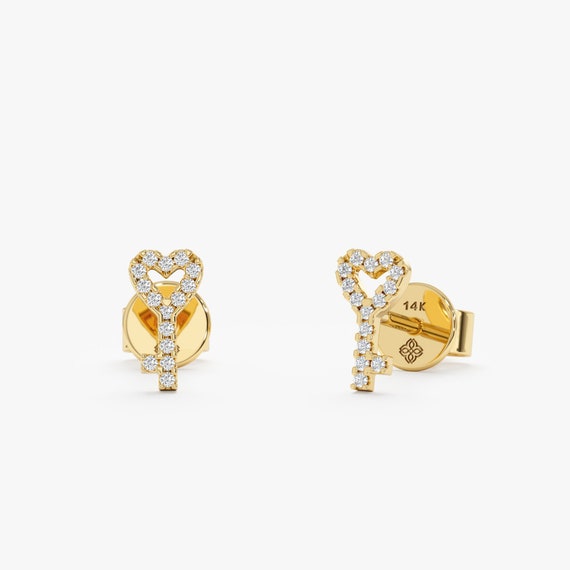 14k Gold Small Diamond Key Earrings Diamond Stud Earrings Mini Diamond Studs Natural Diamonds Second Hole Studs Tragus Earrings Lena Etsy UK