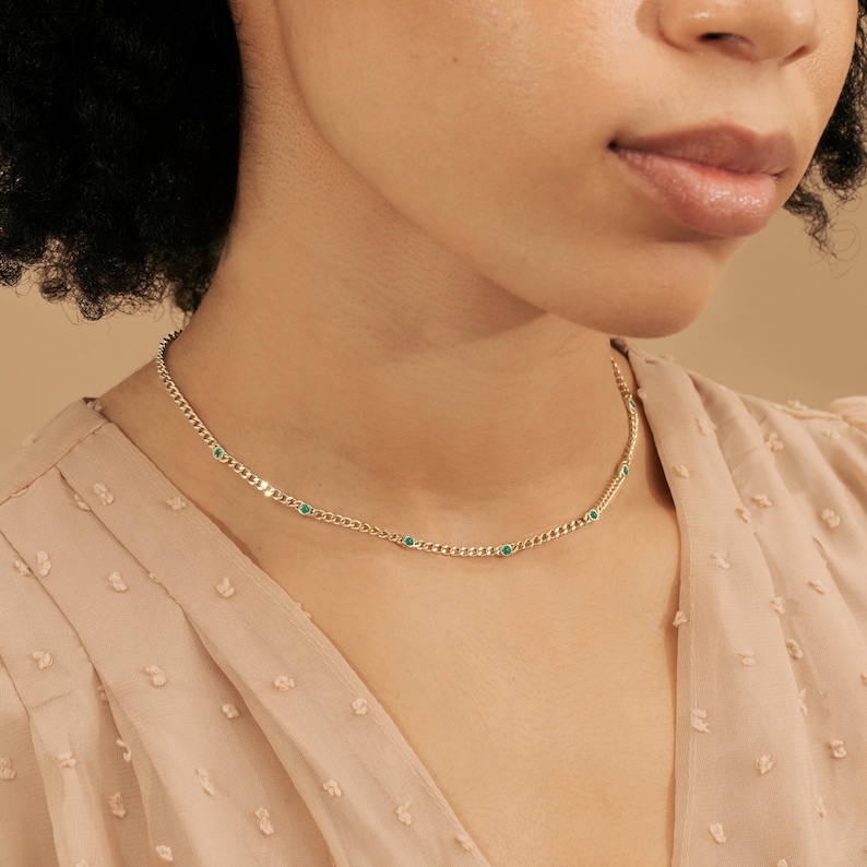 14k Gold Emerald Necklace, Cuban Chain Necklace, Sectioned 7 Emerald Bezels, Multi Emerald Necklace, Natural Emerald, Curb Chain, Salma image 1