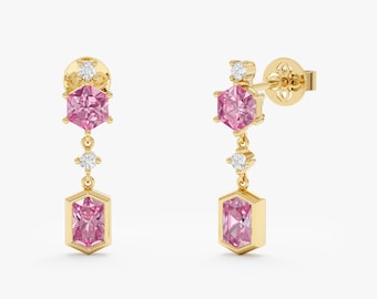 Dangle Pink Sapphire Earrings, Solid Gold Colorful Suds, Handmade Fine Jewelry, Nare