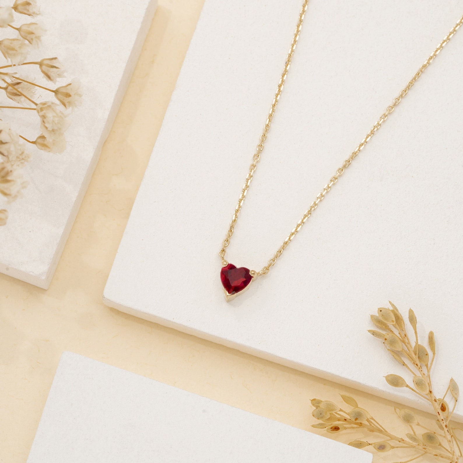Natural Ruby Necklace, Heart Necklace, 14K Solid Gold and Ruby Necklace ...