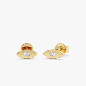 Unique Diamond Evil Eye, Small Lucky Eye Stud Earrings, 14k Solid Gold, Natural Diamond, White, Yellow, Rose Gold, Birthday Gift, Kinsley