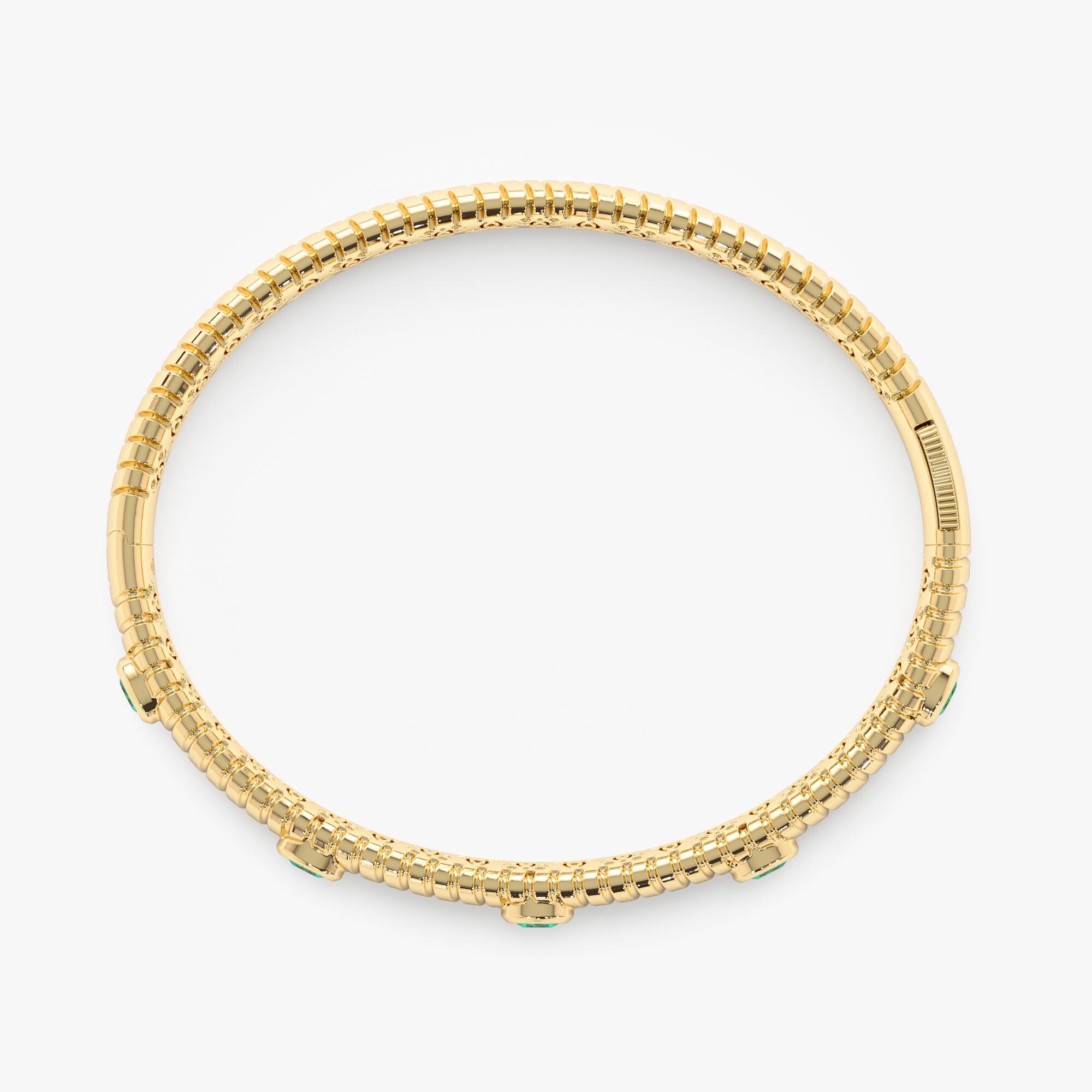 14k Gold Ribbed Emerald Bangle, Solid Gold Bracelet, Natural Oval-cut ...