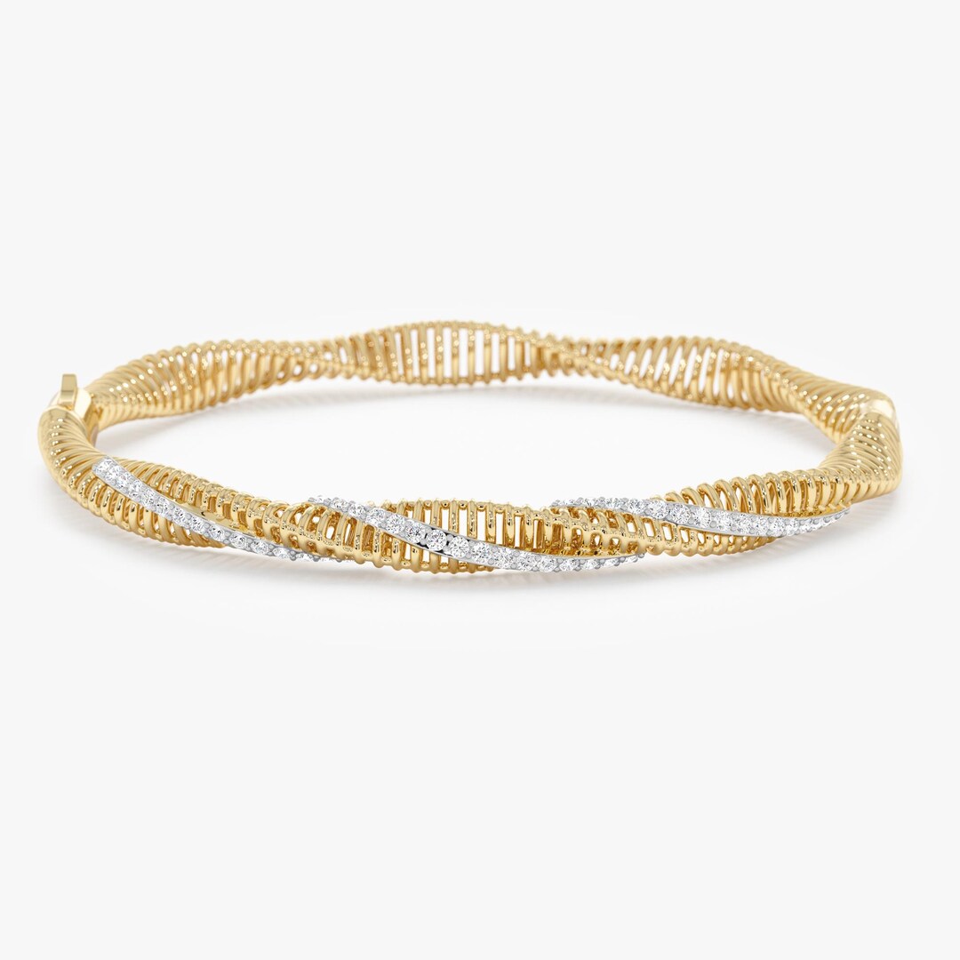 14k Diamond Twist Bangle, Solid Gold Ribbed Bracelet, Textured Diamond ...