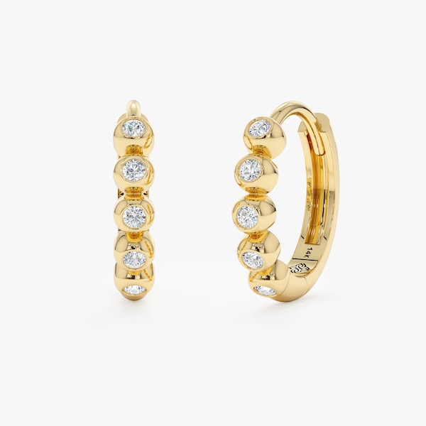 14K Gold Diamond Huggies, Bezel Diamond Hoop, Multi Bezel Earrings, Trendy Gold Hoop, Round Diamond Bezel Hoop, White Diamond Huggie, Camila