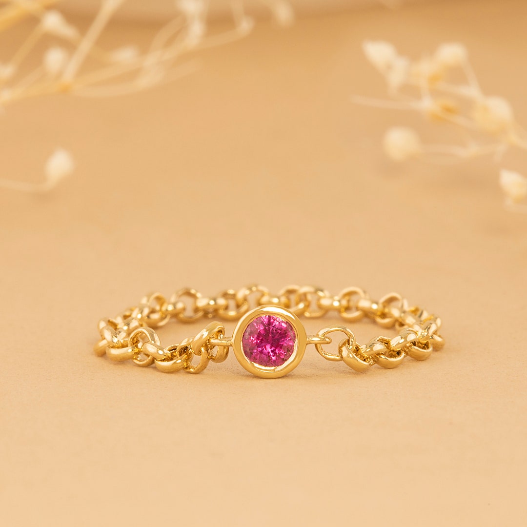 14k Gold Dainty Ruby Ring, Solid Chain Ring, Pointer Ring, Gold Chain ...